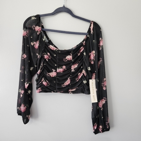 Madden Girl  Floral-Print Peasant Top With Mask, Black Ruched Size XXL NWT - Picture 4 of 12